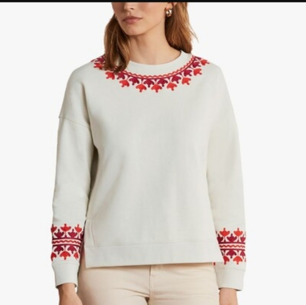 Boden Embroidered Floral Sweatshirt  Red Cream Cotton Blend Crew S Small
